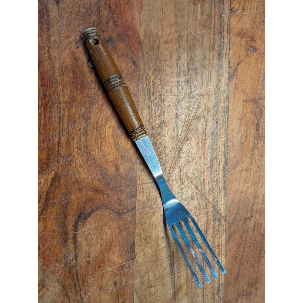 Vintage Serving Fork Wood Handle Stainless Steel Mid Century Kitchen Utensil